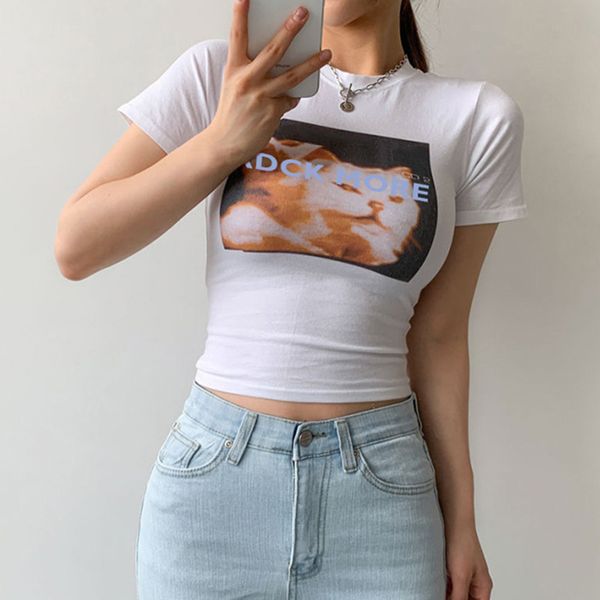 

women's t-shirt fashion hedging round neck letter cat print basic casual white top