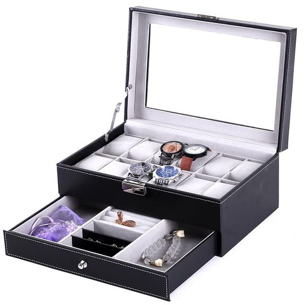 

watch boxes & cases pu leather box stand holder double layer storage display organizer luxury casket dustproof glass jewelry watches case, Black;blue