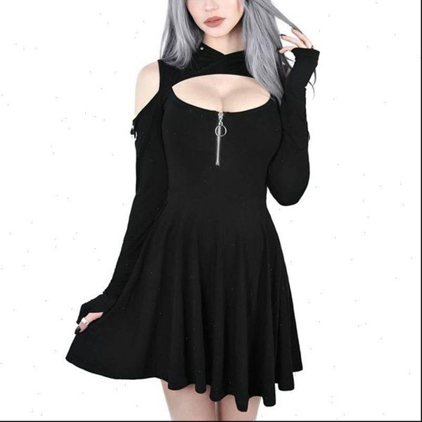 

hoodie dress women goth spring casual fitness black hooded streetwear girl pleated hollow off shoulder dresses good, Black;gray