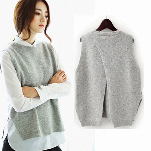 

women's sweaters autumn cashmere sweater women sleeveless o-neck back cross split knitted pullover vest female jumper pull femme 4wx6, White;black