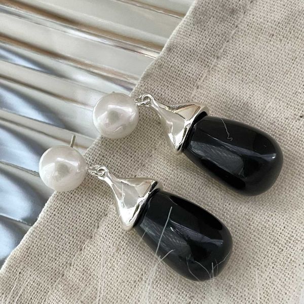 

french medieval temperament goddess accessories earrings pearl black silver needle texture do not use g8-3