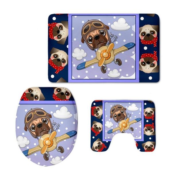 

bath accessory set 2021 christmas 3pcs bathroom accessires funny cartoon dog non-slip rug and u-shape mat flannel lid toilet seat cover