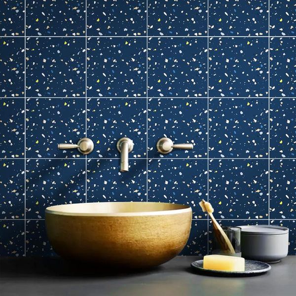 

wallpapers 15x15cmx12pcs navy blue terrazzo self adhesive tile wall sticker epoxy bathroom kitchen home oil-proof waterproof decor