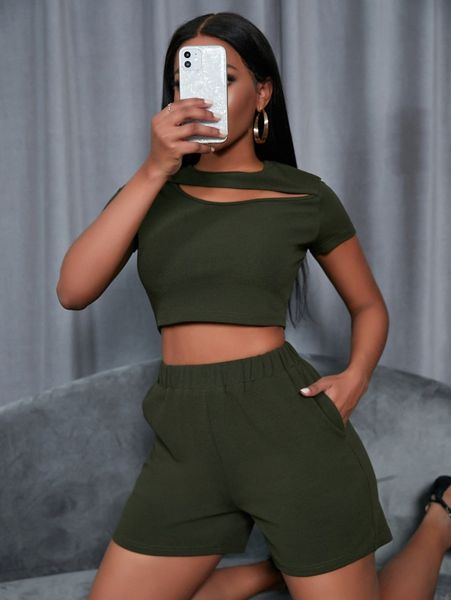 

solid cut out crop & shorts x9tm#, White