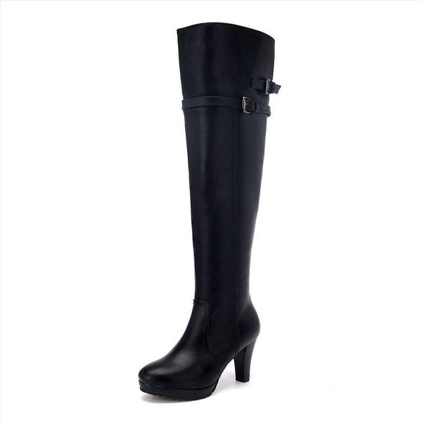 

boots women knee boot large size zipper sturdy heel pumps buckle strap winter euro style, Black