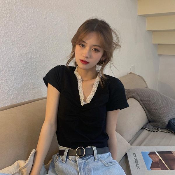 

women's t-shirt vintage lace patchwork v-neck slim ladies ins hipster summer black short sleeve t-shirts fashion clothing tees, White