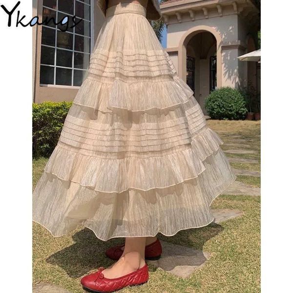 

vintage elegant layered cake pleated skirt women elastic high waist long skirt lady korean fashion wild maxi skirt 210619, Black