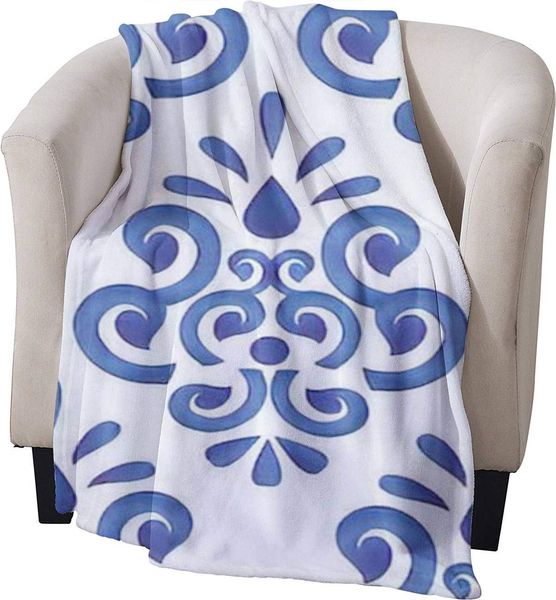 

Floral ornament on watercolor backdrop blue and white ceramic tile Flannel Blanket Soft Throw Blanket Receiving Plush Blanket