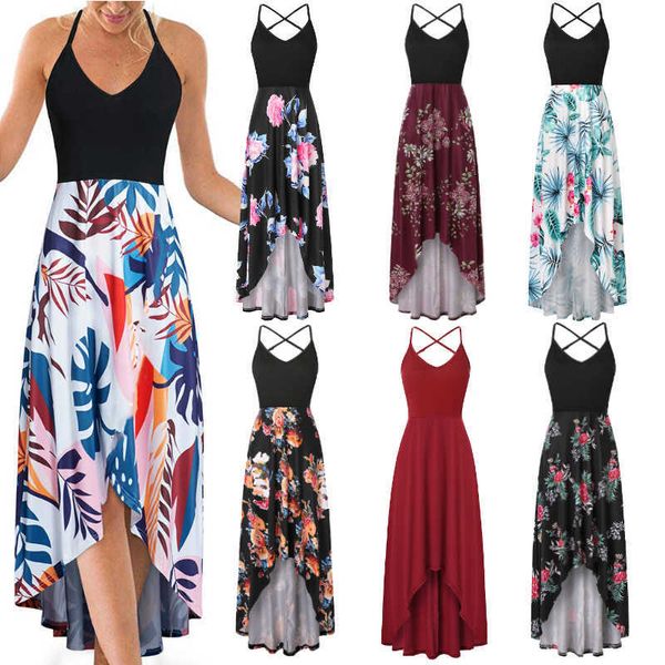 

plus size beach dress halter backless casual holiday ladies dresses summer floral print irregular hem party vestidos elegant 210526, Black;gray