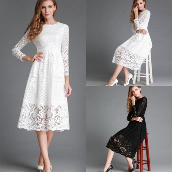 

casual dresses elegant hollow out lace dress women long sleeve autumn style midi-calf white spring party vestidos, Black;gray