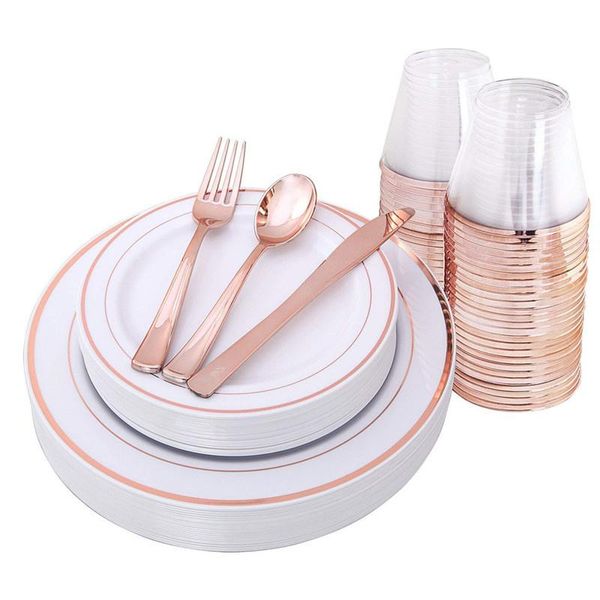 

disposable dinnerware 25pcs rose gold wedding party tableware transparent cup plastic dinner plate cutlery knife spoon fork tool