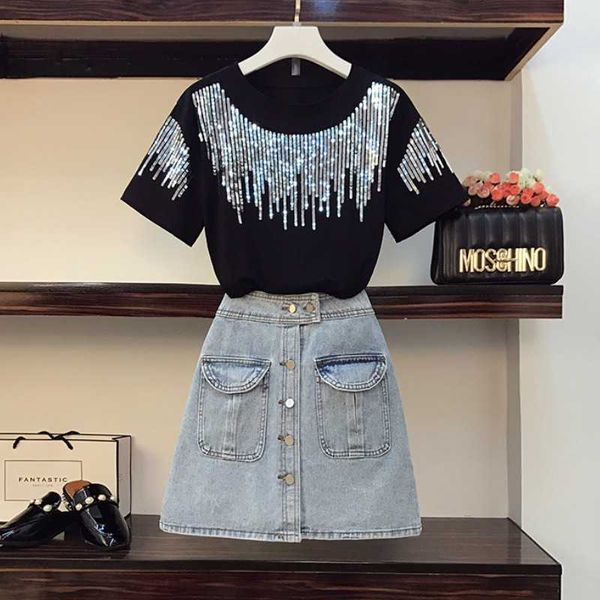 

plus size l-4xl summer office ladies 2 piece set sequined short sleeve t-shirt and high waist a-line denim skirt suit 210526, White