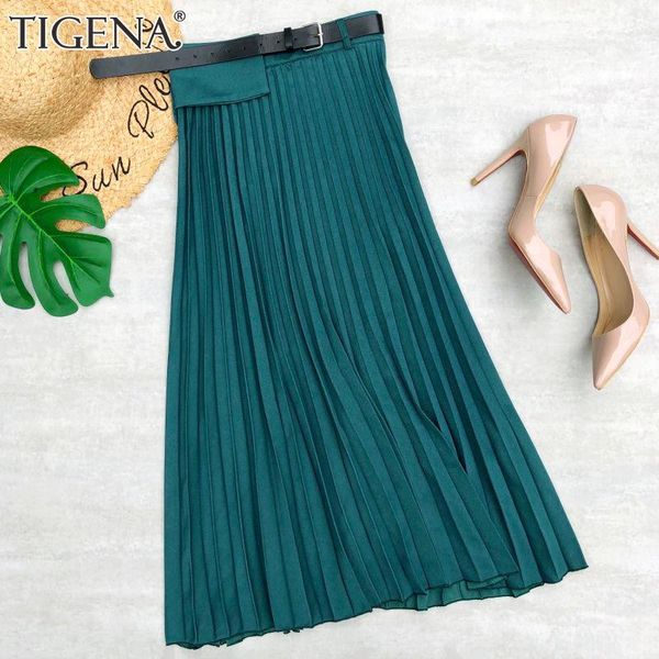 

skirts tigena women long pleated skirt 2021 spring summer casual elegant solid a line belt high waist mid-length female green, Black
