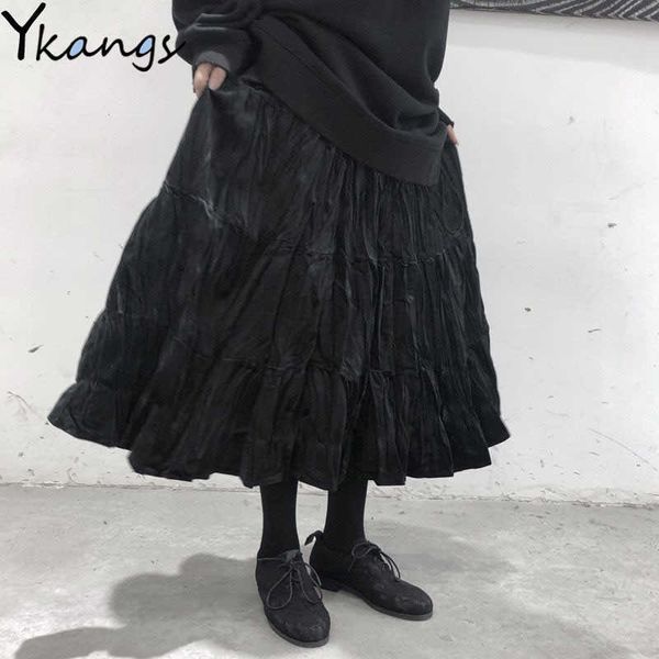 

women vintage velvet long pleated skirt korean style ladies elastic midi high waist black skirt spring harajuku gothic clothes 210619