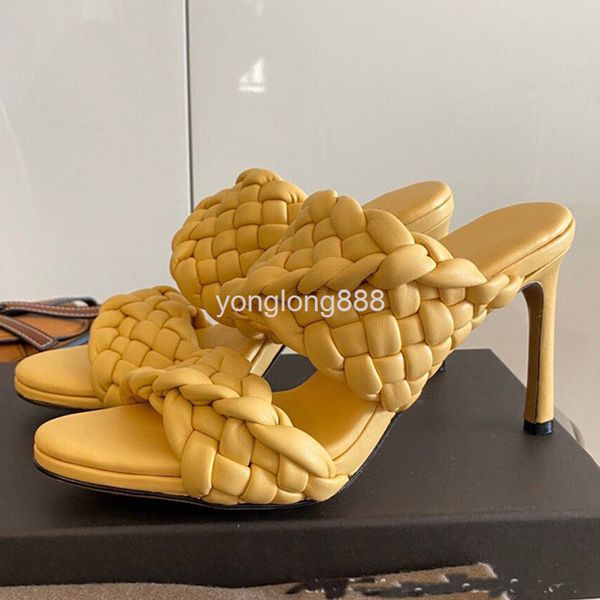 

slippers summer open toe herringbone net red ins fashion trend plaid woven high-heeled thin heeled slippers for women, Black