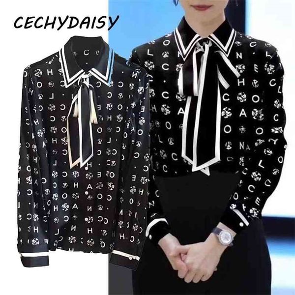 

runway blouse women spring new fashion long sleeve letters printed harajuku lace up lady elegant shirts clothes blusas y2k 210323, White