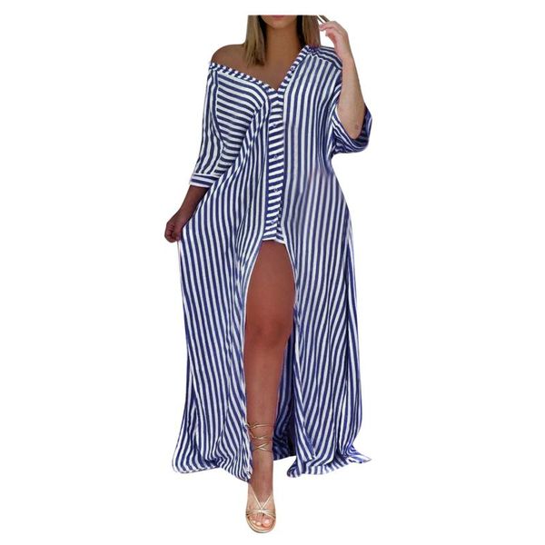 

casual dresses women dress striped print elegant plus size office lady v-neck lacing slim body wrap hips shirt split long dress#c4, Black;gray
