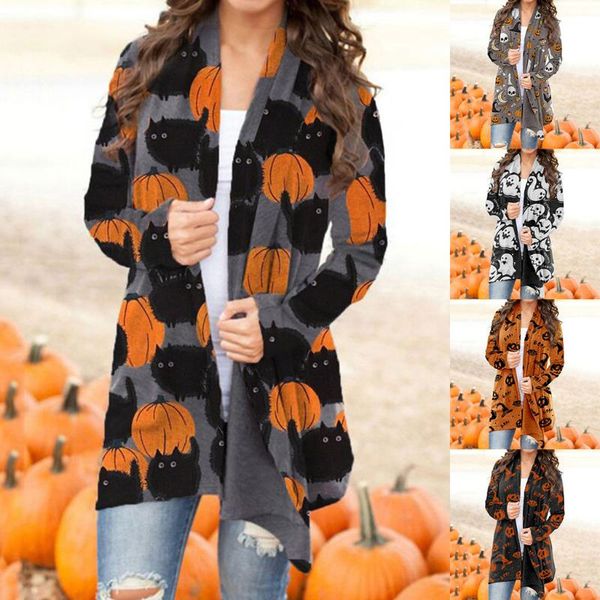 

women's jackets halloween animal cat pumpkin print cardigan coat female thin knitted women loose outerwear, Black;brown