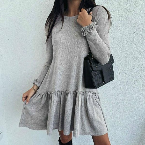 

autumn fashion women long sleeve ruffle solid pleat mini dress female stylish casual elegant party outfits vestidos dresses, Black;gray