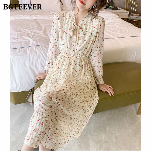 

dresses new elegant floral print bow neck female a-line summer full sleeve elastic waist vestidos women chiffon dress 2021 q9qn, Black;gray