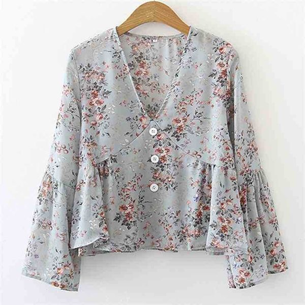 

retro chiffon flare sleeves fresh all match girls women printed floral chic vintage blouses 210525, White