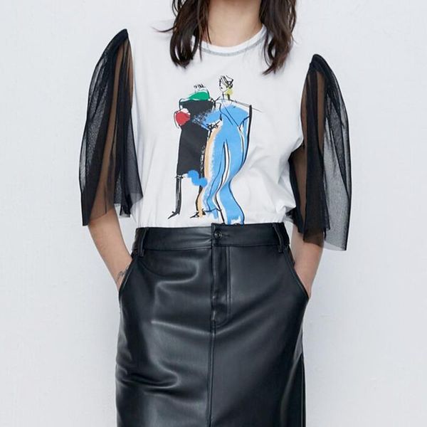 

za summer cotton contrasting womens t shirt pleated short sleeves chic front print shirts white