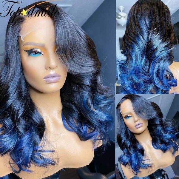 

dmido #1b blue ombre color hair lace front wigs natural hairline loose wave remy 13x6 human wigs1, Black;brown