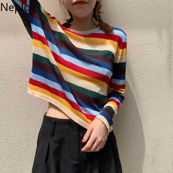 

neploe korean harajuku shirt rainbow striped t shirts women o neck long sleeve casual tees fashion loose pullover femme 210422, White