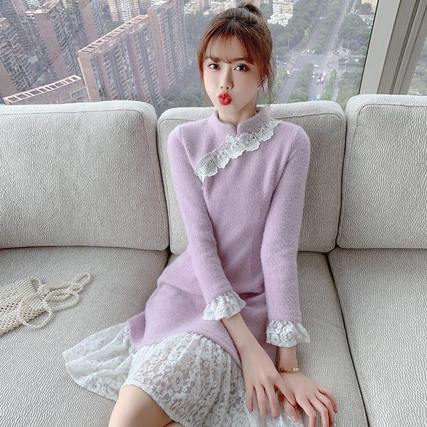 

casual dresses 2021 autumn winter knitted women dress sweet long sleeve o neck thick sweater bottoming traditional chinese style, Black;gray