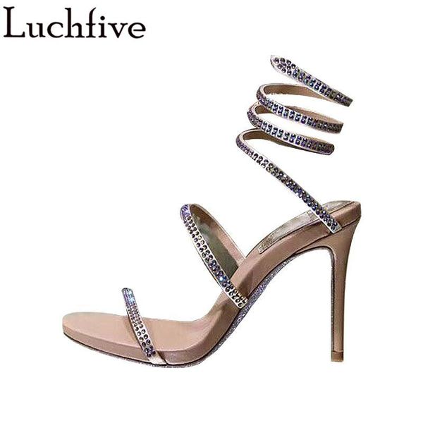 

slippers summer crystal twining sandals women thin high heels black snake strap ladies sapato feminino genuine leather shoe