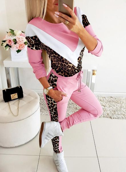 

women casual two piece set spring leopard print splice o-neck long sleeve tracksuit fashion ladies bodycon winter outfits women's track, Gray