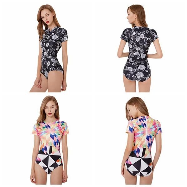 

one-piece suits womens zip front printed half sleeve/short sleeve uv protection one piece swimsuit