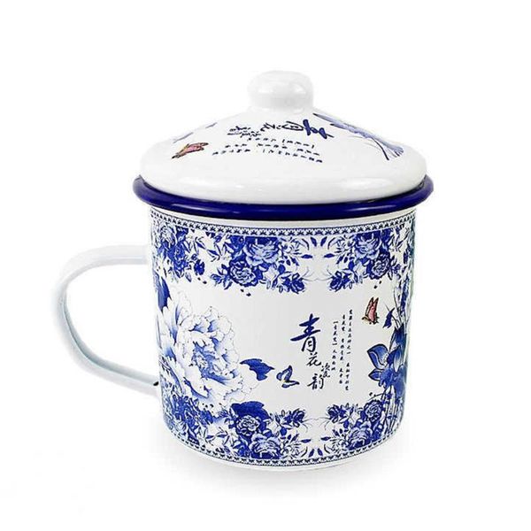 

mugs chinese style enamel cup 10cm caliber blue and white porcelain with lid 700ml office teacup nostalgic tea mug
