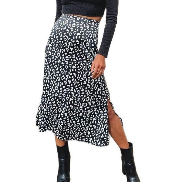 

skirts 2021 summer women skirt leopard chiffon split zipper high waist midi casual slim boho korean a-line jk1014, Black