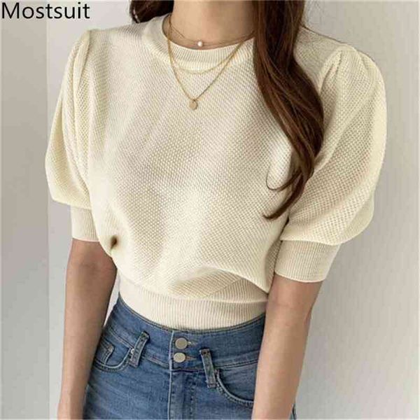 

summer korean solid women knitted sweaters puff sleeve o-neck fashion basic simple macaron color casual 210513, Black