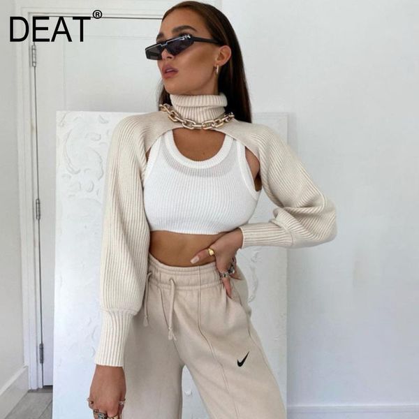 

[deat] lantern sleeve high collar woolen solid color sweater for women mall goth korean fashion 2021 spring gx429 women's t-shirt, White