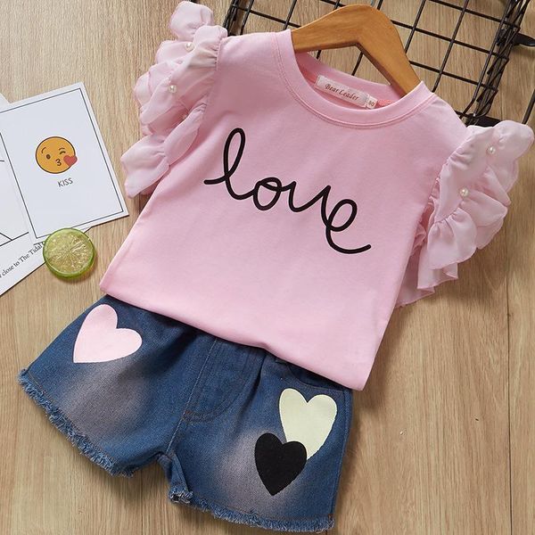 

clothing sets valentines girl children's love heart clothes 2piece 2021summer cute kid t-shirt denim jean shorts outfit 3-8y, White