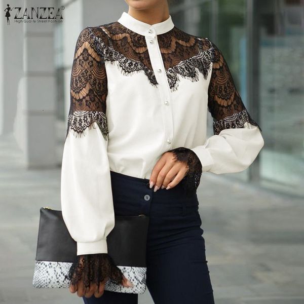 

blouses plus size tunic women's blouse 2021 stylish lace stiching shirt long sleeve spring casual female button blusas, White
