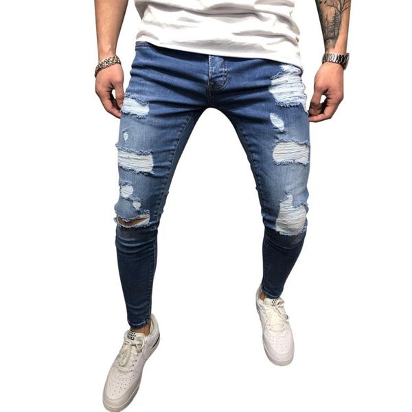 

men's jeans brand men´s slim ripped vintage patch stretch tapered leg long skinny pencil denim pants for casual and street shoot, Blue