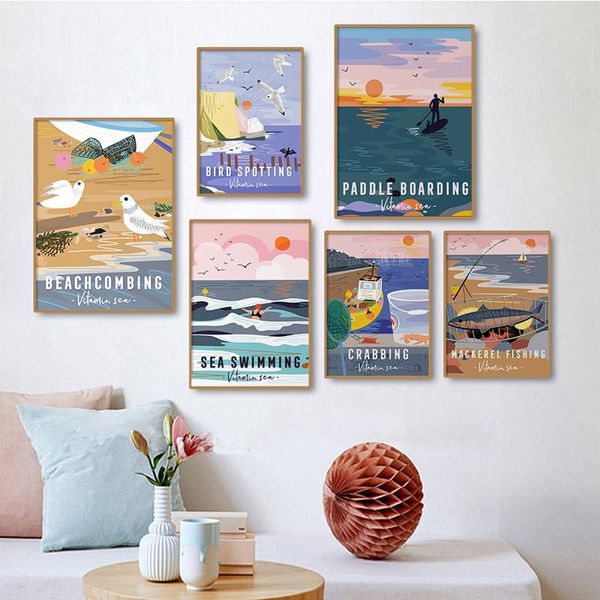 

paintings nordic beach coastal picture home decor wall art canvas painting seaside scenery fishing crabbing poster print for living room