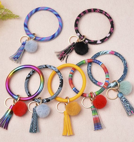 

pu leather keychains plush ball tassel pendant bracelet key ring, Silver