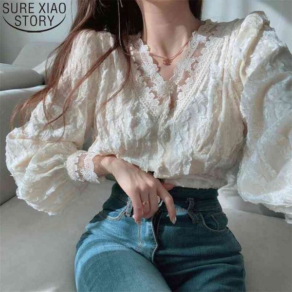 

spring long sleeve button up shirt 1 sweet women blouse korean chic lace v-neck clothes blusas 13334 210506, White