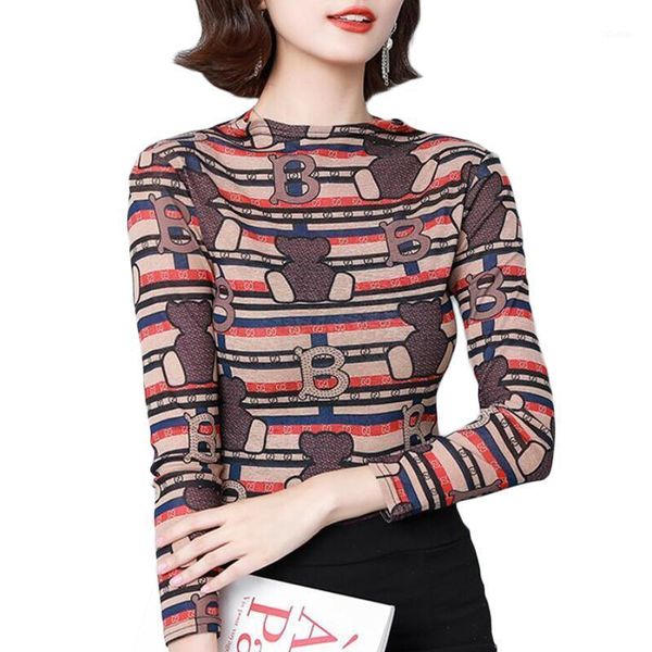 

vintage cartoon striped print women blouses long sleeve stand collar blouse shirts plus size 4xl camisas mujer women's &, White