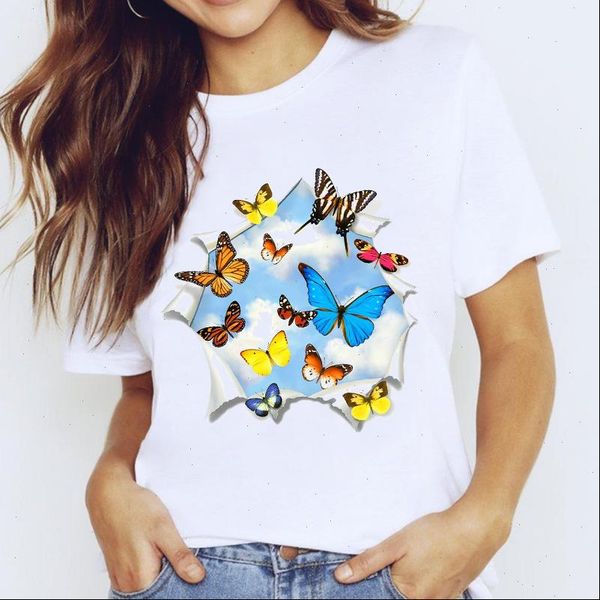 

t women shirt shirts for 3d butterfly fashion 90s style aesthetic clothing print lady graphic ladies female tee, White