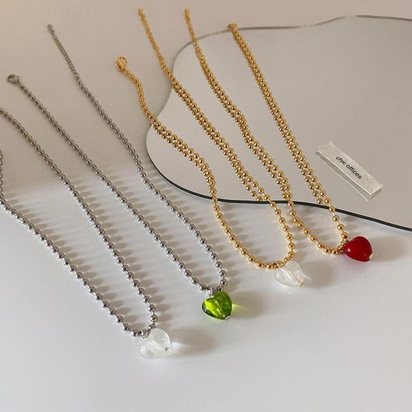 

chokers lovoacc french transparent red glass love pendant necklace for women green color heart beaded necklaces wedding jewelry, Golden;silver