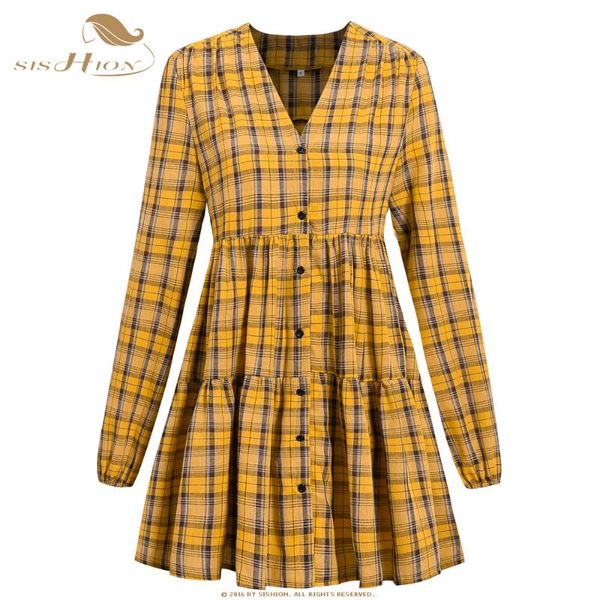 

casual dresses sishion 2021 spring long sleeve women dress vd1363 plus size puff sleeves loose yellow plaid vintage mini robe femme, Black;gray