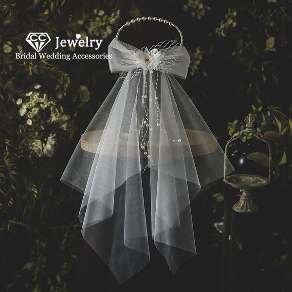 

bridal veils cc princess wedding accessories for women hairwear engagement hair ornaments pearl veil headdress tulle sale qs123, Black