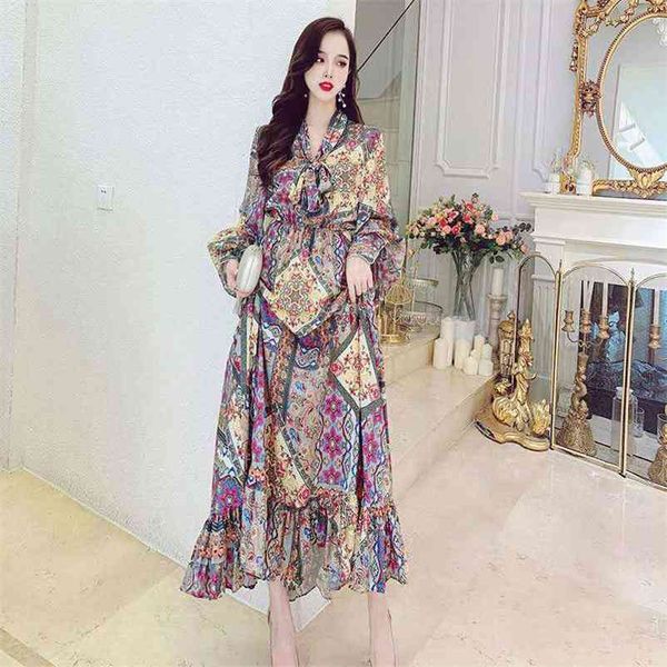 

holiday national style printed chiffon dress lantern sleeve autumn female office lady sheath knee-length 210603, Black;gray