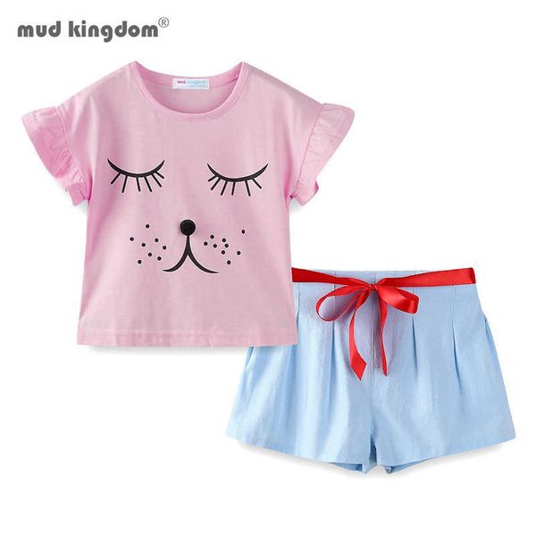 Mudkingdom Summer Girls Clothes Set Funny Closed Eye Puppy Girl Short Set Cartoon Dog Suit per Ruffle Sleeve Cute 210615