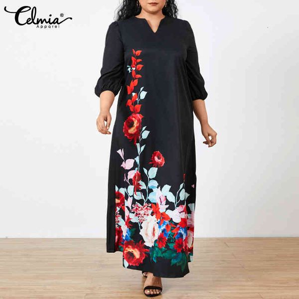 

dresses celmia summer 3/4 sleeve maxi dress women casual floral printed party robe loose v-neck long vestidos femme plus size 5xl, Black;gray